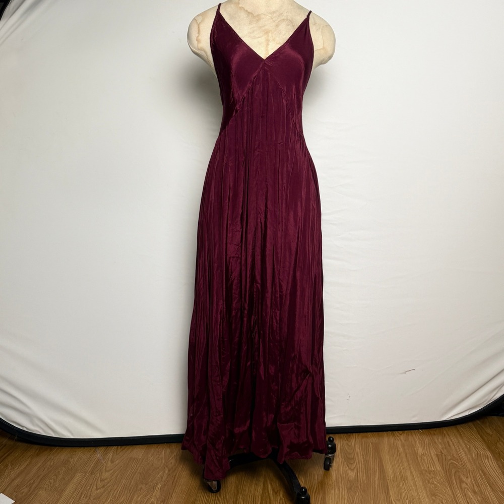 Satin V-Neck Maxi Dress Cross Back Adjustable Straps Wine Red Party Cocktail